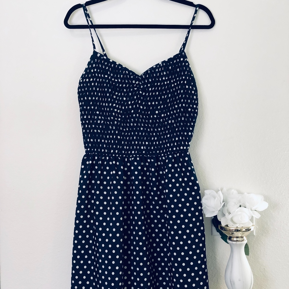 Navy Pleated Polka Dot Dress
